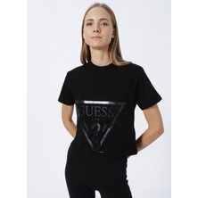 Guess Bisiklet Yaka Baskılı Siyah Kadın T-Shirt V2YI06K8HM0-ADELE Crop T-Shırt