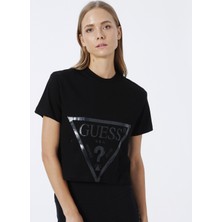 Guess Bisiklet Yaka Baskılı Siyah Kadın T-Shirt V2YI06K8HM0-ADELE Crop T-Shırt