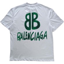Balenciaga Erkek Yuvarlak Yakalı Baskılı Kısa Kollu Beyaz Tişört Ety-Blnc