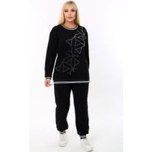 Kheos Önü Geometrik Desen Taş Işlemeli Yuvarlak Yaka Uzun Kol Cepli Lastik ve Bağçıklı Rahat Eşofman Takım