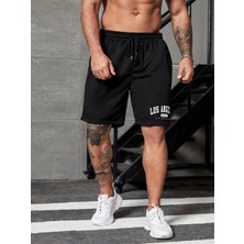DAXİS Sportwear Company Erkek Siyah Penye Los Angeles Baskılı Şort
