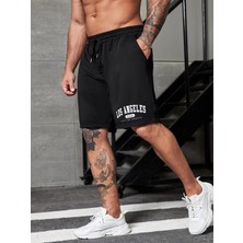 DAXİS Sportwear Company Erkek Siyah Penye Los Angeles Baskılı Şort Rahat Kesim Özelliğiyle