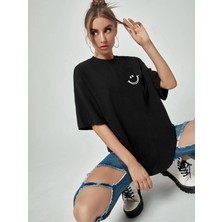 DAXİS Sportwear Company Oversize Unisex Gülen Yüz Baskılı Siyah Tshirt