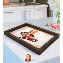 BK Kişiye Özel Kadın Patron Karikatürlü Doğal Ahşap Tepsi-2