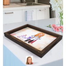 BK Kişiye Özel Kadın Eczacı Karikatürlü Doğal Ahşap Tepsi-3