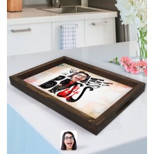 BK Kişiye Özel Kadın Big Boss Karikatürlü Doğal Ahşap Tepsi-3