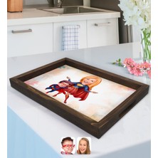 BK Kişiye Özel Süper Anne ve Süper Çocuk Karikatürlü Doğal Ahşap Tepsi-1