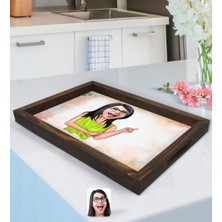 BK Kişiye Özel Kadın Karikatürlü Doğal Ahşap Tepsi-19