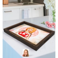 BK Kişiye Özel Kadın Youtuber Karikatürlü Doğal Ahşap Tepsi-1