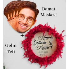 Bk Gift Kişiye Özel Damat Yüz Maskesi (5 Adet) ve Isimli Tüylü Gelin Tefi , Kına Tefi (28CM)
