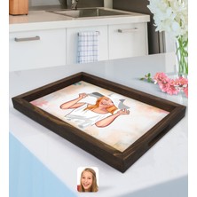 BK Kişiye Özel Kadın Karikatürlü Doğal Ahşap Tepsi-20