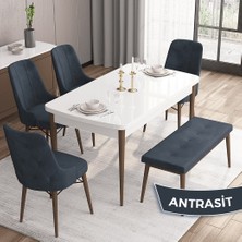 Canisa Concept Iza Serisi, 80 x 132 cm  Mdf Beyaz Masa Ceviz Ayak Mutfak Masa Takımı, 4 Sandalye 1 Bench