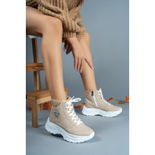 Riccon Unisex Bej Suni Deri Trekking Bot Fermuarlı Ortopedik İç Taban ve Kaymaz Dış Taban
