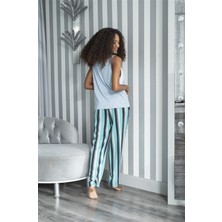 For You Sleepwear 2'li Çizgili Viskon Mavi Atlet Pijama Takım S27230