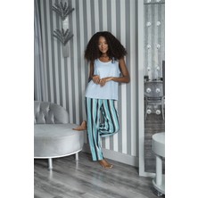 For You Sleepwear 2'li Çizgili Viskon Mavi Atlet Pijama Takım S27230