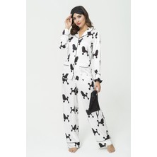 For You Sleepwear 6'lı Köpek Desen Beyaz Saten Pijama Takımı S27225