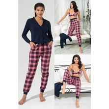 For You Loungewear 3'lü Ekoseli Büstiyer Hırka Lacivert Takım
