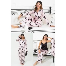 For You Sleepwear 6'lı Köpek Desen Pembe Saten Pijama Takımı S27221