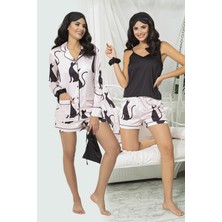 For You Sleepwear 6'lı Kedi Desen Pembe Saten Pijama Şort Takım S27181