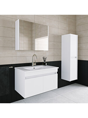 Banos Roomart 2 Kapaklı Lavabolu Beyaz Mdf 85 cm Banyo Dolabı + Aynalı Banyo Üst Dolabı + Banyo Boy Dolabı