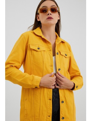 Vintage Denim Kadın Sarı Boyfriend Uzun Kot Ceket