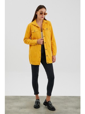 Vintage Denim Kadın Sarı Boyfriend Uzun Kot Ceket
