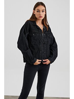 Vintage Denim Kadın Antrasit Oversize Kot Ceket