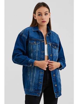 Vintage Denim Kadın Mavi Boyfriend Uzun Kot Ceket
