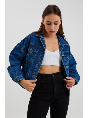 Vintage Denim Kadın Mavi Yıpratma Detaylı Oversize Kot Ceket