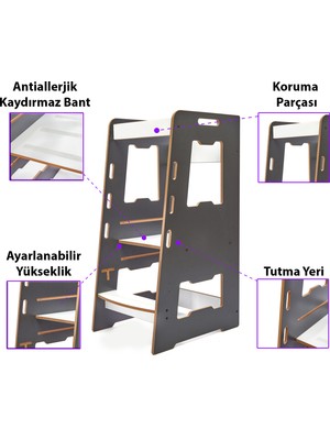 Minera Ahşap Montessori Öğrenme Kulesi / 2-6 Yaş / Antrasit