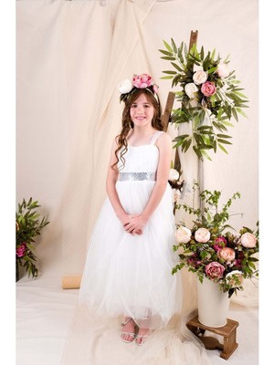 Mnk Baby Kız Çocuk Sırt Gipeli Tüllü Abiye Elbise Özel Günler İçin Şık Beyaz Tasarım