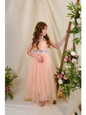 Mnk Baby Somon Renkli Sırt Gipeli Tüllü Kız Çocuk Abiye Özel Günler İçin Şık Tasarım Saten Abiye