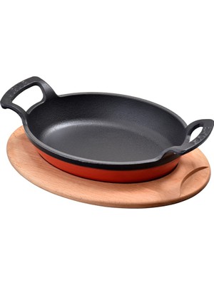 Lava Döküm Oval Kulplu Tava ve Ahşap Altlık. 19X14CM. - Kırmızı
