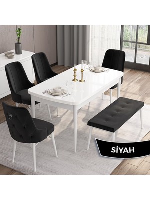 Canisa Concept Are Serisi 80 x 132 cm Mdf Beyaz  Mutfak Masa Takımı 4 Sandalye Gümüş Halkalı ve 1 Bench