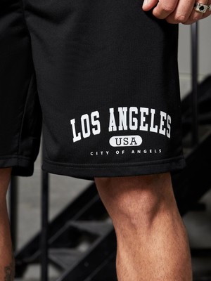 DAXİS Sportwear Company Erkek Siyah Penye Los Angeles Baskılı Şort