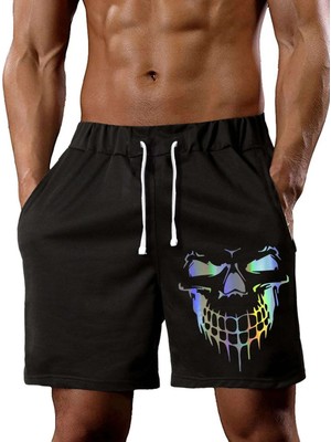 DAXİS Sportwear Company Erkek Siyah Skull Baskılı Şort Nefes Alabilir Kumaş ile Rahat Kullanım