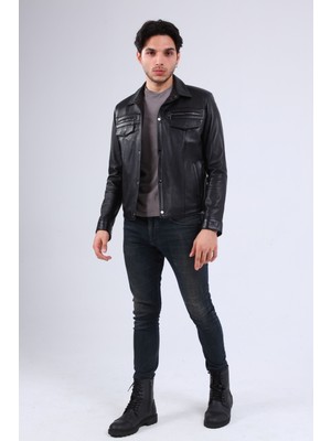 CE-YIL Erkek Siyah Deri Mont Uzun Kol Düz Desenli Günlük Kullanım İçin M Beden