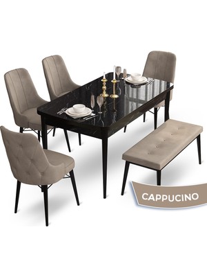 Canisa Concept Ahu SERISI80 x 132 cm Açılabilir Siyah Mermer Desen Mutfak Masa Takımı 4 Sandalye  1 Bench