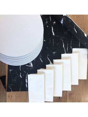 Desenizmir Amerikan Servis Siyah Mermer Desen Takım 6 Supla, 6 Kumaş Peçete ve Runner Örtü Kombin 3