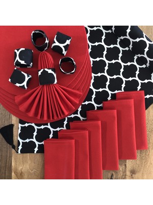 Desenizmir Amerikan Servis Siyah Moroccon Desen Takım 6 Supla, 6 Kumaş Peçete, 6 Peçete Halkası ve Runner Örtü Kombin 4