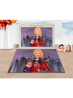 BK Kişiye Özel Süper Anne ve Çocuk Karikatürlü 1000 Parça Profesyonel Puzzle