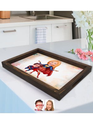 BK Kişiye Özel Süper Anne ve Süper Çocuk Karikatürlü Doğal Ahşap Tepsi-1