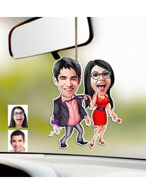 BK Kişiye Özel Sevgililer Karikatürlü Ahşap Araba Dikiz Ayna Süsü-4