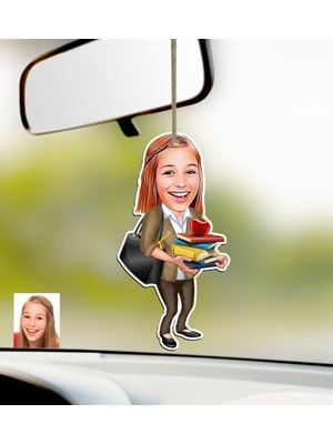 BK Kişiye Özel Bayan Öğretmen Karikatürlü Ahşap Araba Dikiz Ayna Süsü-4