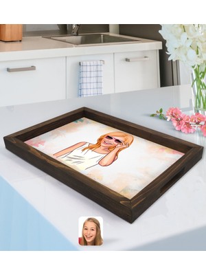 BK Kişiye Özel Kadın Karikatürlü Doğal Ahşap Tepsi-18