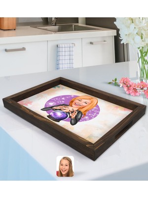 BK Kişiye Özel Kadın Astrolog Karikatürlü Doğal Ahşap Tepsi-1