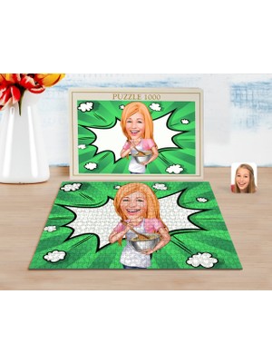BK Kişiye Özel Kadın Chef Karikatürlü 1000 Parça Profesyonel Puzzle-1