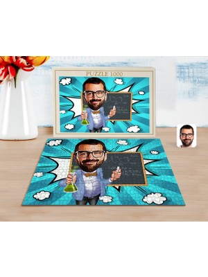 BK Kişiye Özel Erkek Kimya Öğretmeni Karikatürlü 1000 Parça Profesyonel Puzzle-1