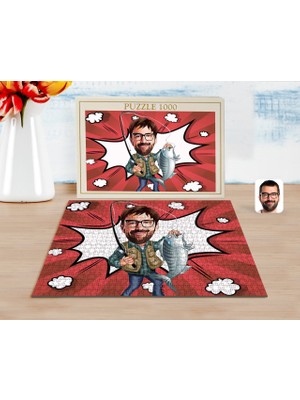 BK Kişiye Özel Erkek Balıkçı Karikatürlü 1000 Parça Profesyonel Puzzle-1