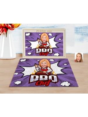 BK Kişiye Özel Kadın Barbekü Chef Karikatürlü 1000 Parça Profesyonel Puzzle-1